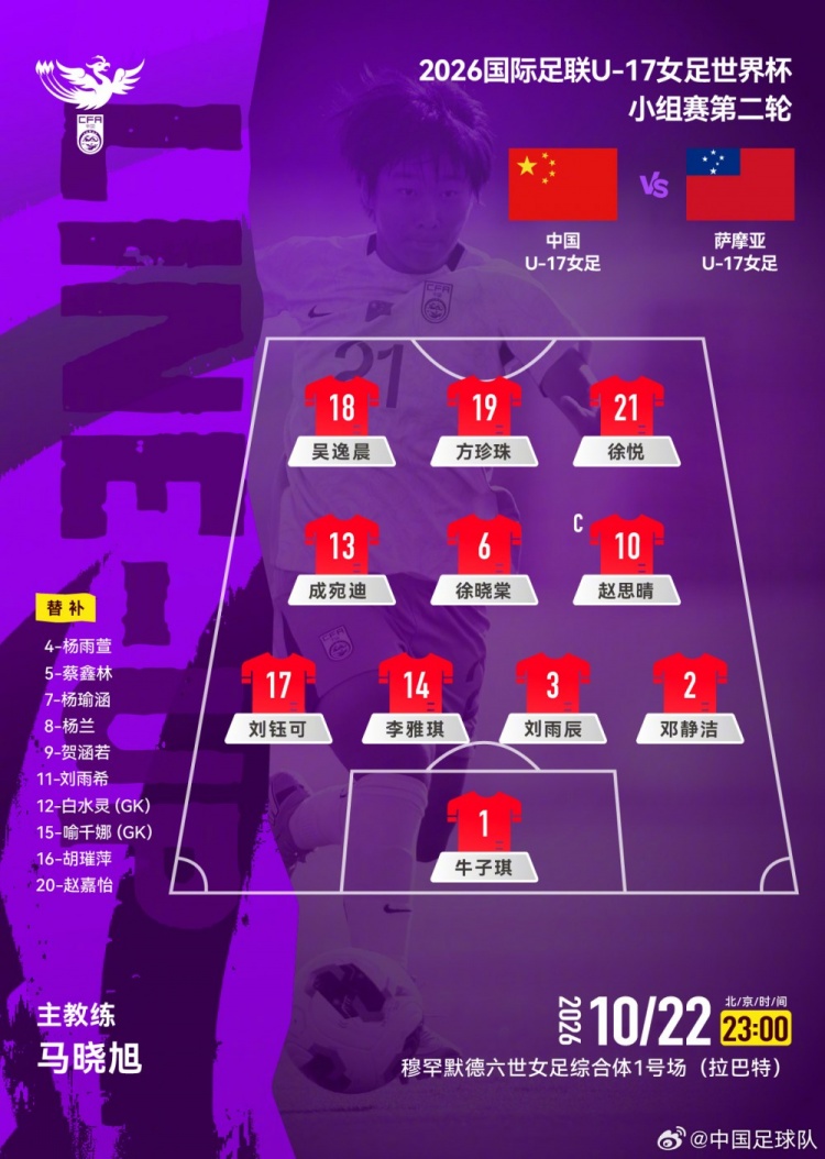 U17女足世界杯小组赛第二轮:中国U17女足vs萨摩亚U17女足首发